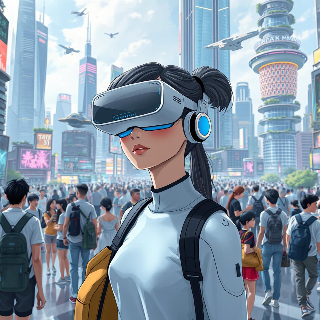 A vibrant futuristic cityscape filled with diverse people interacting and exploring