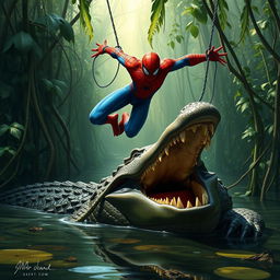 A powerful crocodile with its jaws wide open, resting in a murky swamp, showcasing its sharp teeth and rough, scaly skin