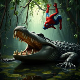 A powerful crocodile with its jaws wide open, resting in a murky swamp, showcasing its sharp teeth and rough, scaly skin