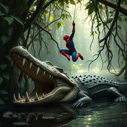 A large crocodile with its jaws wide open, resting in a murky swamp, showcasing its menacing teeth and rough, scaly skin
