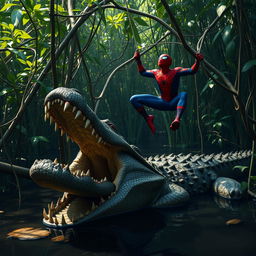 A large crocodile with its jaws wide open, resting in a murky swamp, showcasing its menacing teeth and rough, scaly skin