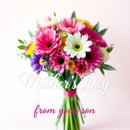 A heartwarming image to celebrate Mother's Day, featuring a beautiful bouquet of colorful flowers arranged artistically, with a soft pastel background