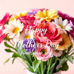 A heartwarming image to celebrate Mother's Day, featuring a beautiful bouquet of colorful flowers arranged artistically, with a soft pastel background