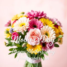 A heartwarming image to celebrate Mother's Day, featuring a beautiful bouquet of colorful flowers arranged artistically, with a soft pastel background