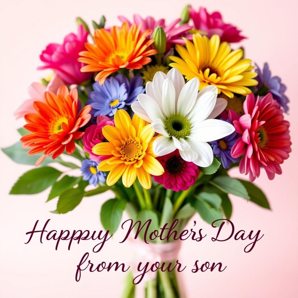 A heartwarming image to celebrate Mother's Day, featuring a beautiful bouquet of colorful flowers arranged artistically, with a soft pastel background