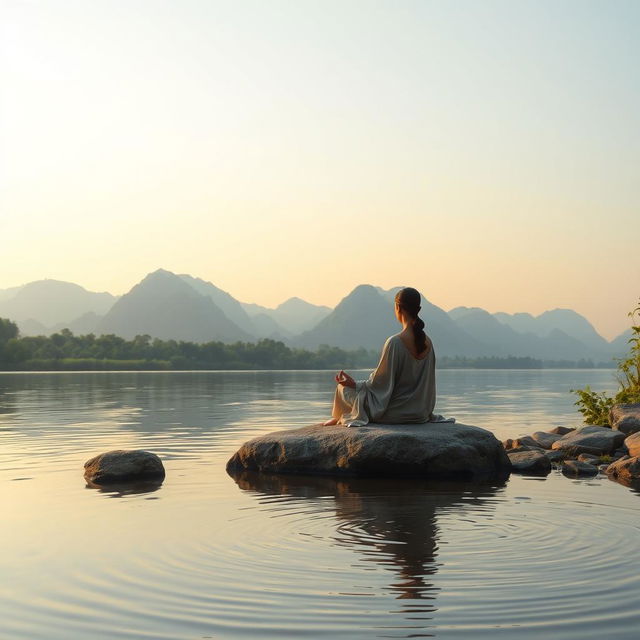 A tranquil scene of meditation by the peaceful Yangshuo river, featuring a serene landscape with soft hills in the background, lush greenery along the riverbank, and a calm, reflective surface of the water