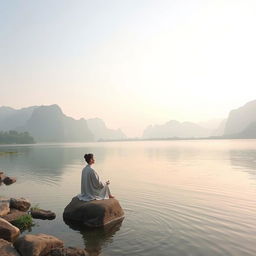 A tranquil scene of meditation by the peaceful Yangshuo river, featuring a serene landscape with soft hills in the background, lush greenery along the riverbank, and a calm, reflective surface of the water