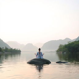 A tranquil scene of meditation by the peaceful Yangshuo river, featuring a serene landscape with soft hills in the background, lush greenery along the riverbank, and a calm, reflective surface of the water