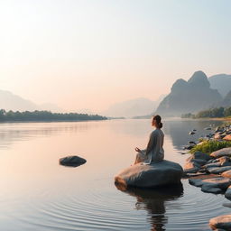 A tranquil scene of meditation by the peaceful Yangshuo river, featuring a serene landscape with soft hills in the background, lush greenery along the riverbank, and a calm, reflective surface of the water