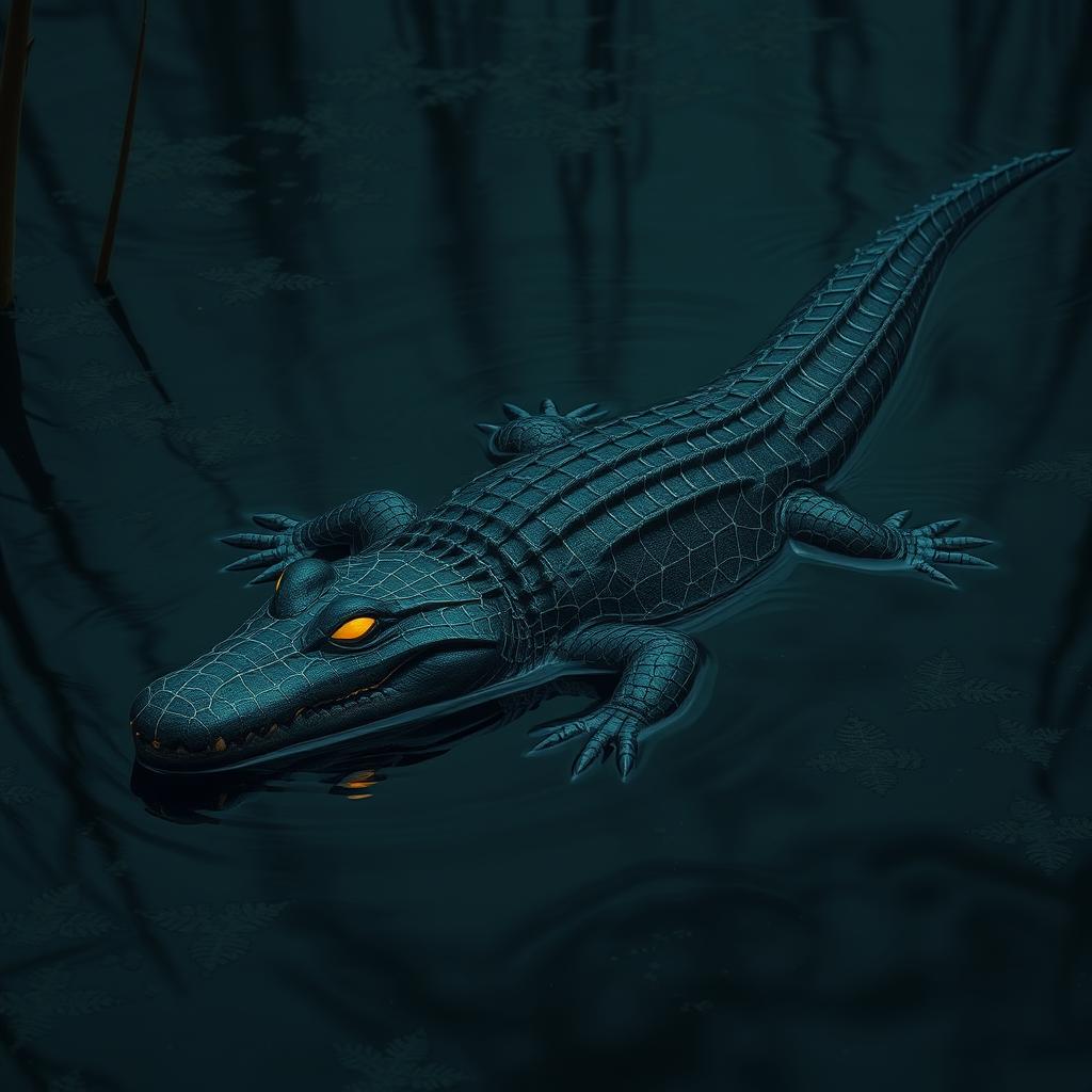 A hybrid crocodile with intricate Spider-Man webbed designs decorating its body, slithering smoothly through the murky waters of a swamp