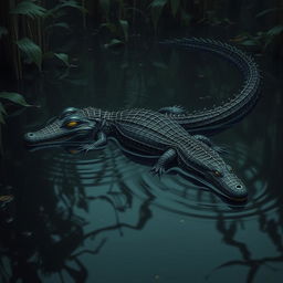 A hybrid crocodile with intricate Spider-Man webbed designs decorating its body, slithering smoothly through the murky waters of a swamp