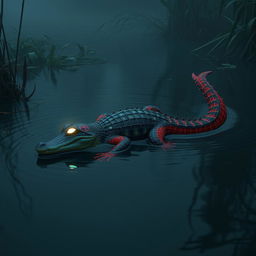 A hybrid crocodile adorned with colorful Spider-Man webbed designs, slithering gracefully through the water of a murky swamp