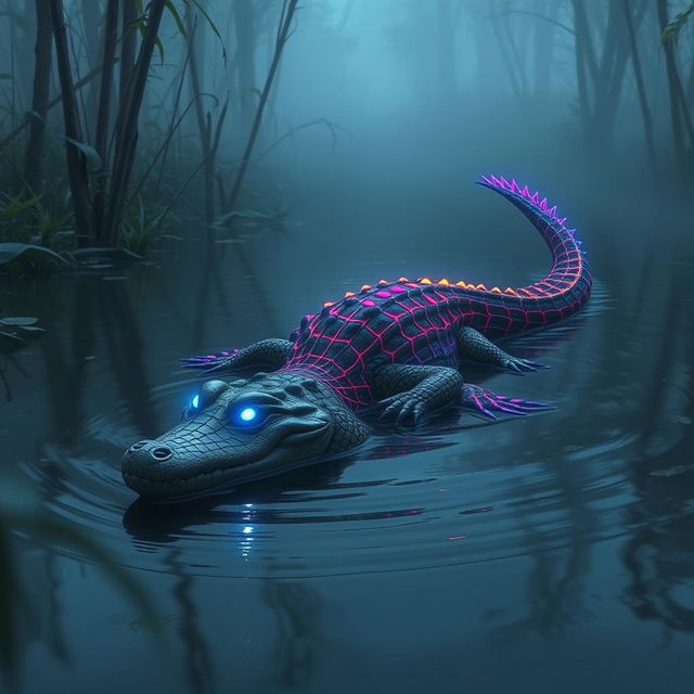 A hybrid crocodile adorned with colorful Spider-Man webbed designs, slithering gracefully through the water of a murky swamp