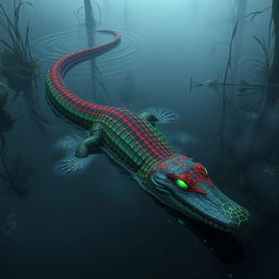 A hybrid crocodile adorned with colorful Spider-Man webbed designs, slithering gracefully through the water of a murky swamp