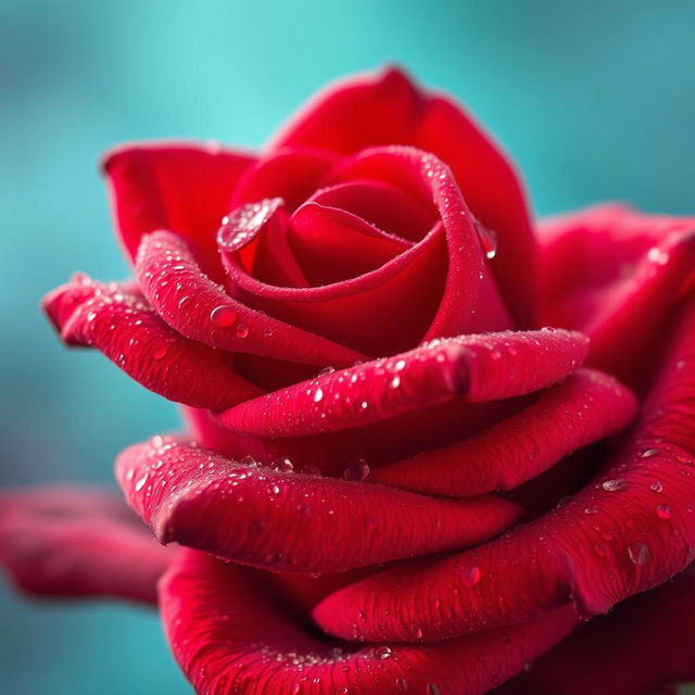 A close-up of a vibrant red rose showcasing dew-covered petals with intricate textures and details, set against a dreamy, blurred teal background that beautifully enhances the rose's brilliance and makes it stand out