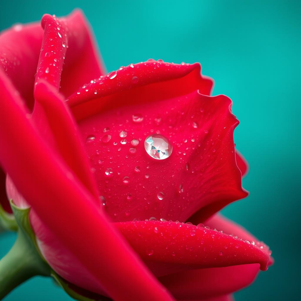 A close-up of a vibrant red rose showcasing dew-covered petals with intricate textures and details, set against a dreamy, blurred teal background that beautifully enhances the rose's brilliance and makes it stand out