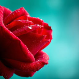 A close-up of a vibrant red rose showcasing dew-covered petals with intricate textures and details, set against a dreamy, blurred teal background that beautifully enhances the rose's brilliance and makes it stand out