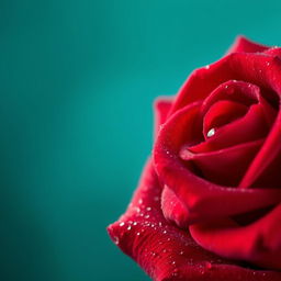 A close-up of a vibrant red rose showcasing dew-covered petals with intricate textures and details, set against a dreamy, blurred teal background that beautifully enhances the rose's brilliance and makes it stand out