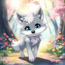 A blue-eyed anime-style wolf with short legs, featuring fluffy fur and an expressive face