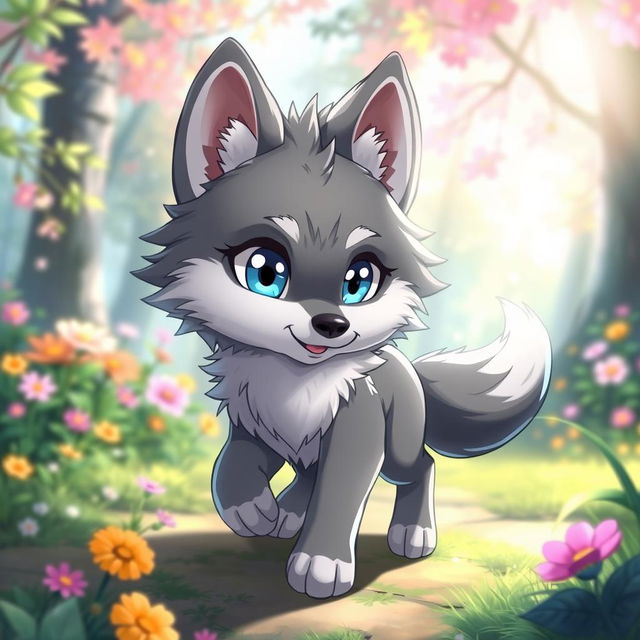 A blue-eyed anime-style wolf with short legs, featuring fluffy fur and an expressive face