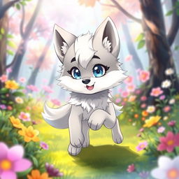 A blue-eyed anime-style wolf with short legs, featuring fluffy fur and an expressive face