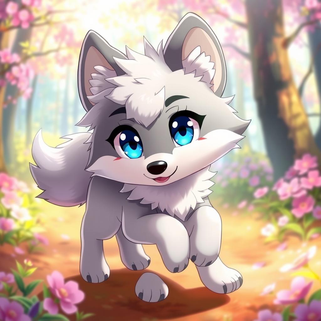 A blue-eyed anime-style wolf with short legs, featuring fluffy fur and an expressive face