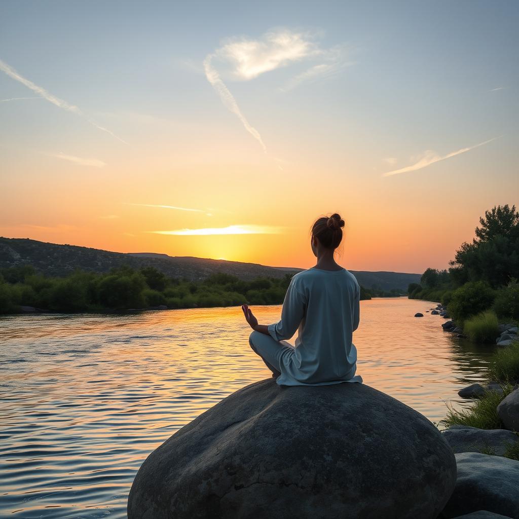 A serene scene of meditation over the peaceful Jordan River, depicting a person in a tranquil pose on a smooth rock at the riverbank