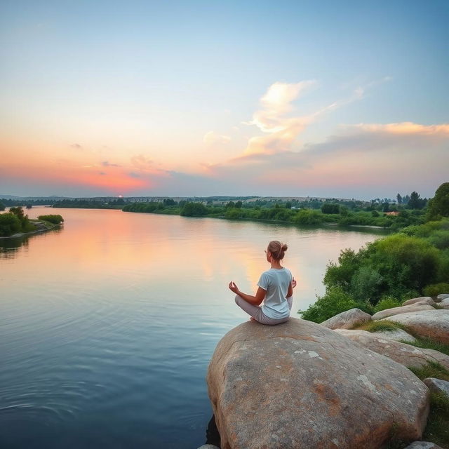 A serene scene of meditation over the peaceful Jordan River, depicting a person in a tranquil pose on a smooth rock at the riverbank