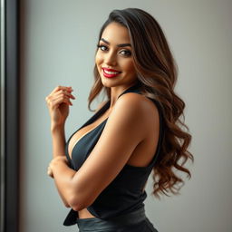 A stunning 30-year-old lawyer, striking a confident pose and facing the camera with a provocative smile