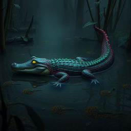 A hybrid crocodile adorned with colorful Spider-Man webbed designs, slithering smoothly through the murky waters of a swamp