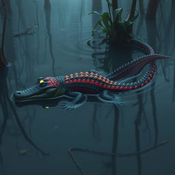 A hybrid crocodile adorned with colorful Spider-Man webbed designs, slithering smoothly through the murky waters of a swamp