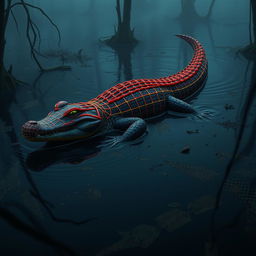 A hybrid crocodile adorned with colorful Spider-Man webbed designs, slithering smoothly through the murky waters of a swamp