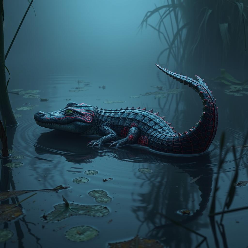 A hybrid crocodile adorned with colorful Spider-Man webbed designs, slithering smoothly through the murky waters of a swamp