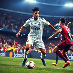 A dynamic football scene featuring Vinicius Junior in action on the field