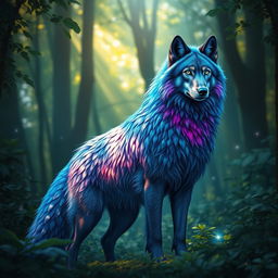 A majestic feathered wolf standing in a mystical forest, its body covered with vibrant feathers in shades of deep blue and iridescent purples, glowing subtly in the sunlight filtering through the trees