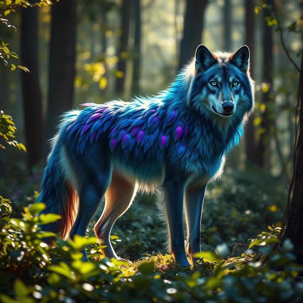 A majestic feathered wolf standing in a mystical forest, its body covered with vibrant feathers in shades of deep blue and iridescent purples, glowing subtly in the sunlight filtering through the trees