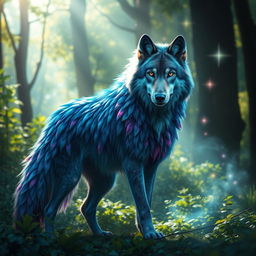 A majestic feathered wolf standing in a mystical forest, its body covered with vibrant feathers in shades of deep blue and iridescent purples, glowing subtly in the sunlight filtering through the trees