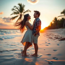 A romantic scene featuring a couple embracing on a beach during sunset
