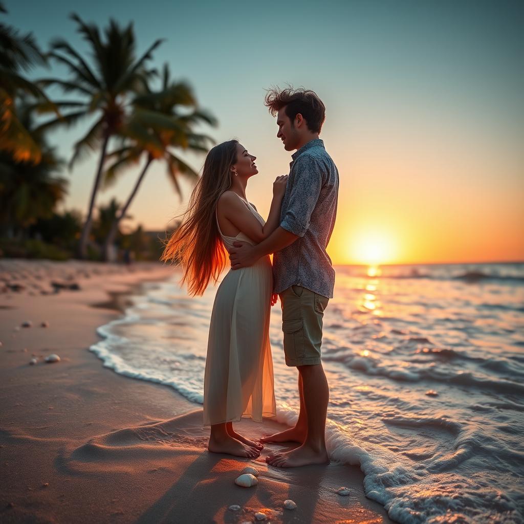 A romantic scene featuring a couple embracing on a beach during sunset