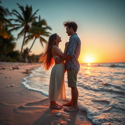 A romantic scene featuring a couple embracing on a beach during sunset