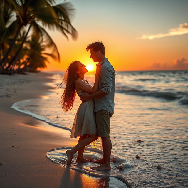 A romantic scene featuring a couple embracing on a beach during sunset