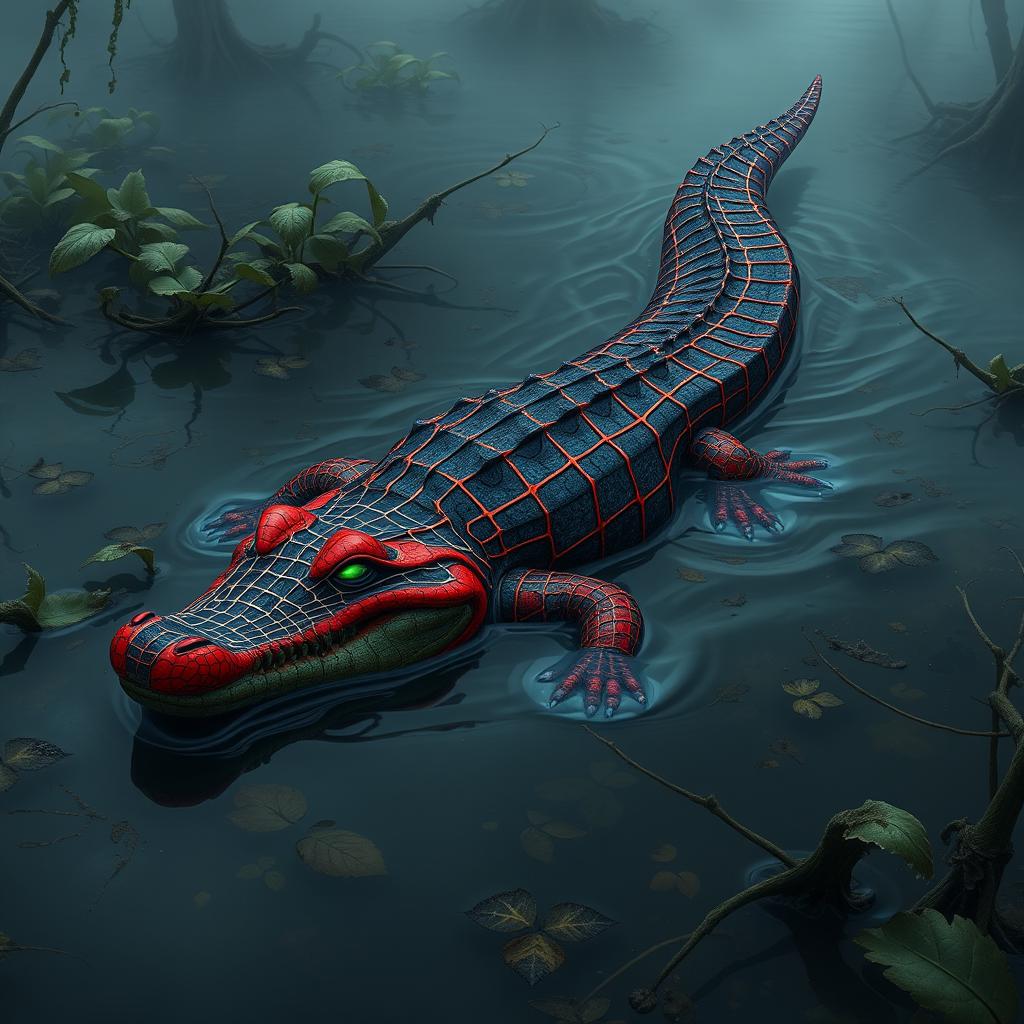 A hybrid crocodile with a vibrant and colorful body showcasing Spider-Man’s characteristic webbed designs, slithering gracefully through the water of a murky swamp