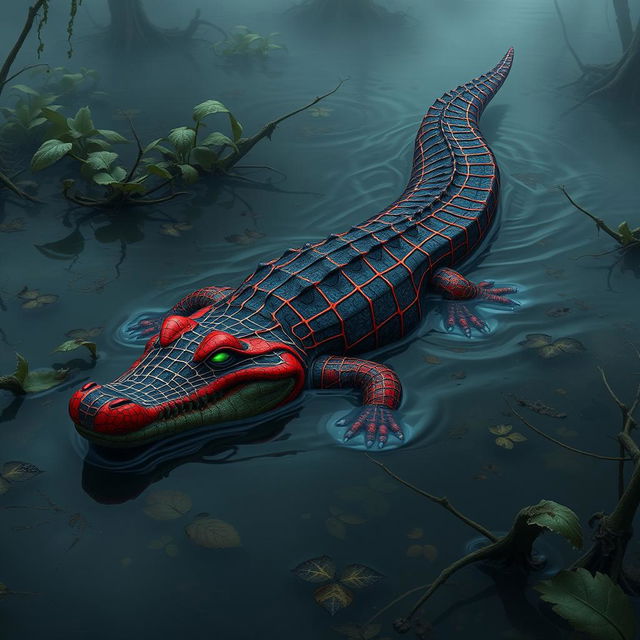 A hybrid crocodile with a vibrant and colorful body showcasing Spider-Man’s characteristic webbed designs, slithering gracefully through the water of a murky swamp