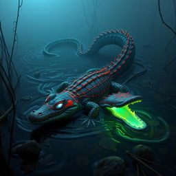 A hybrid crocodile with a vibrant and colorful body showcasing Spider-Man’s characteristic webbed designs, slithering gracefully through the water of a murky swamp