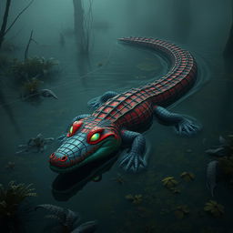 A hybrid crocodile with a vibrant and colorful body showcasing Spider-Man’s characteristic webbed designs, slithering gracefully through the water of a murky swamp