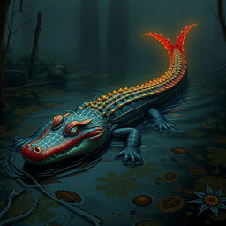 A hybrid crocodile with a vibrant and colorful body showcasing Spider-Man’s characteristic webbed designs, slithering gracefully through the water of a murky swamp
