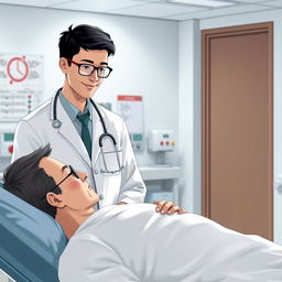 A professional doctor in a modern hospital setting, wearing a white lab coat and a stethoscope around their neck, examining a patient