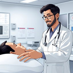 A professional doctor in a modern hospital setting, wearing a white lab coat and a stethoscope around their neck, examining a patient