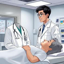 A professional doctor in a modern hospital setting, wearing a white lab coat and a stethoscope around their neck, examining a patient