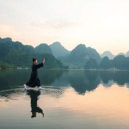 A serene scene featuring a practitioner performing Tai Chi, gracefully flowing through movements over the tranquil waters of Yangshuo Lake